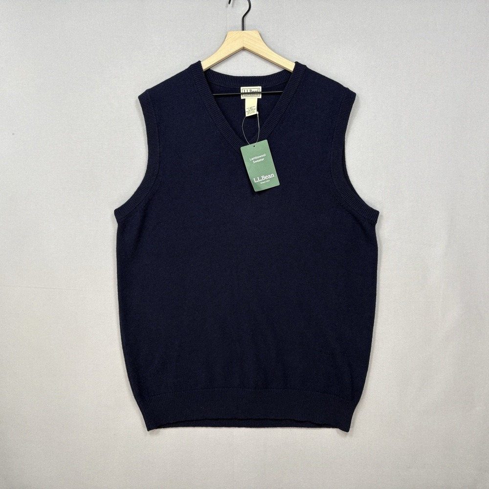 L.L. Bean Men L Tall Navy Blue 100% Lambswool V-Neck Sweater Vest NWT *Holes
